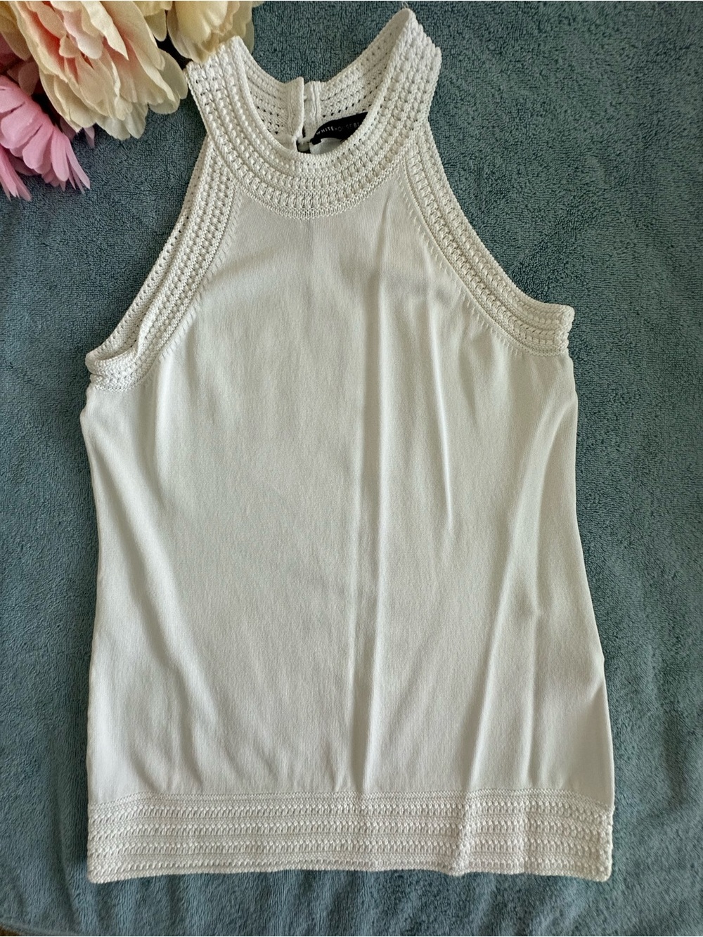 White House Black Market BRAND NEW White Crochet-Trim High Neck Tank!